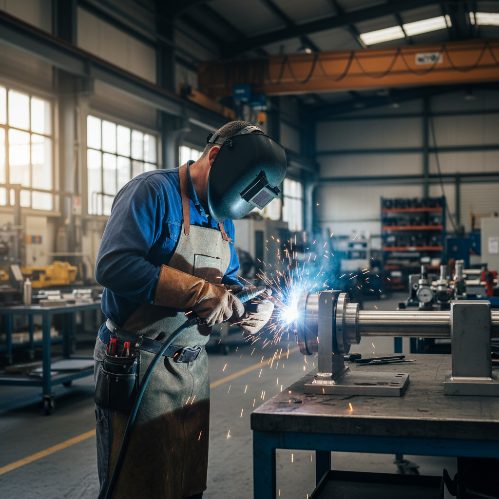 Soudeur roumain concentré sur son travail dans un atelier industriel.