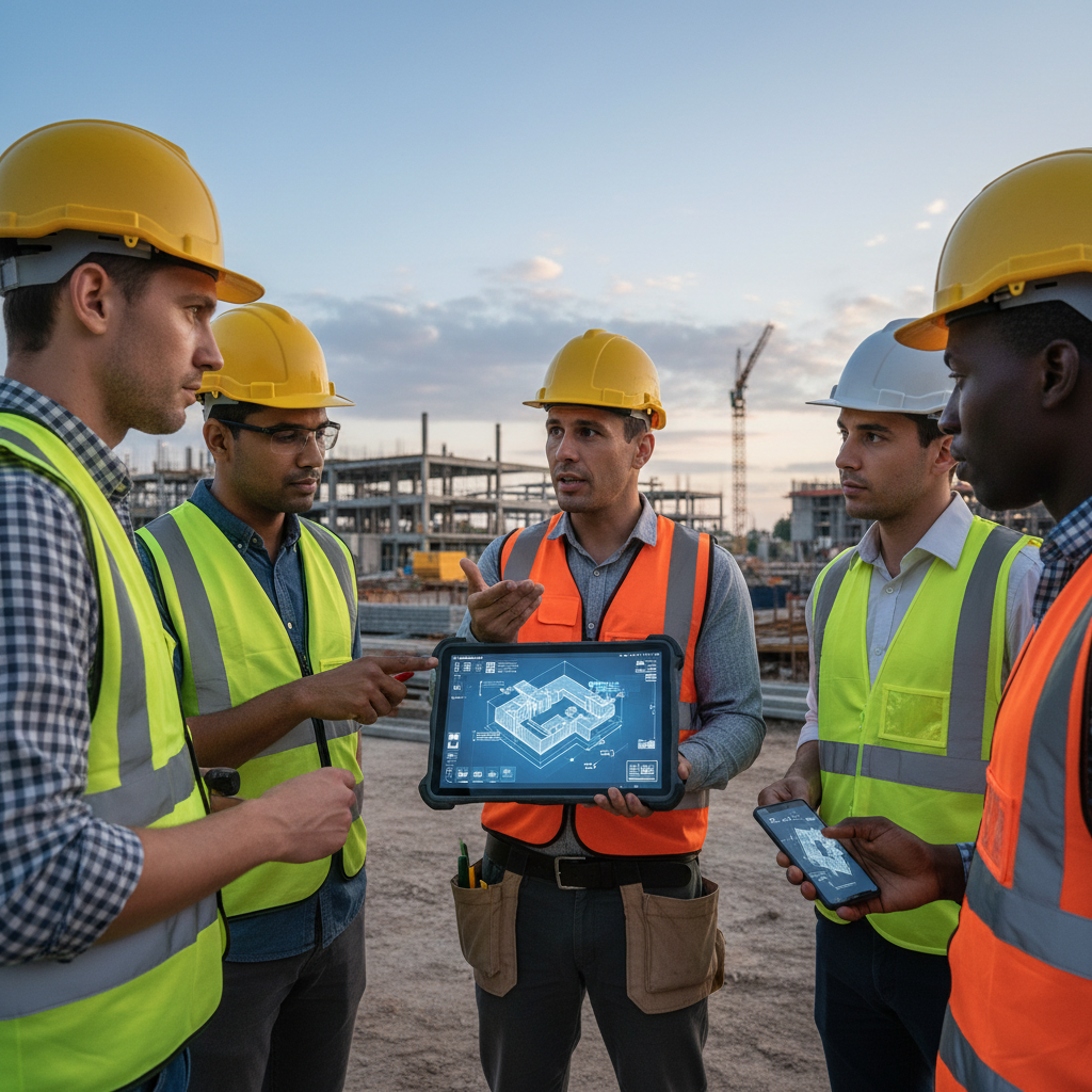 Un superviseur explique des plans sur tablette à des travailleurs internationaux.