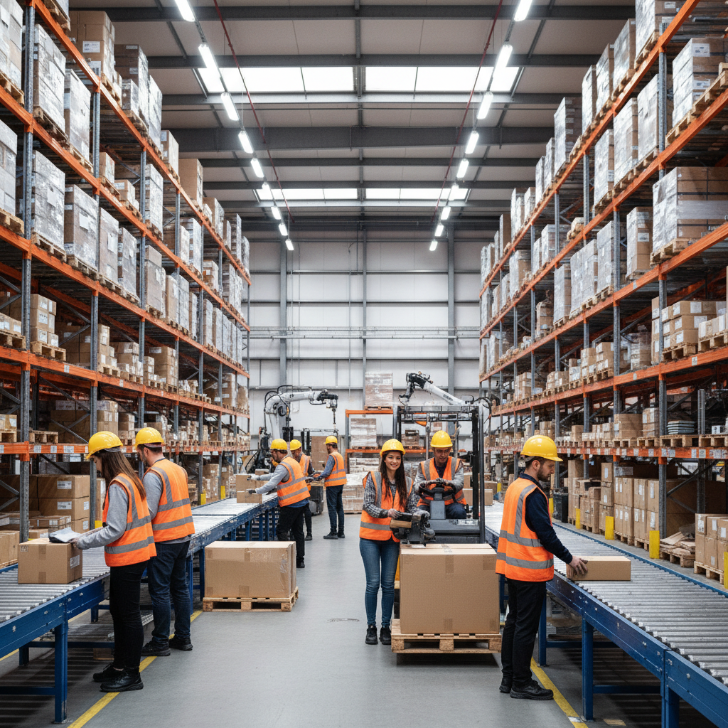 Équipe de logistique avec des travailleurs roumains dans un entrepôt.