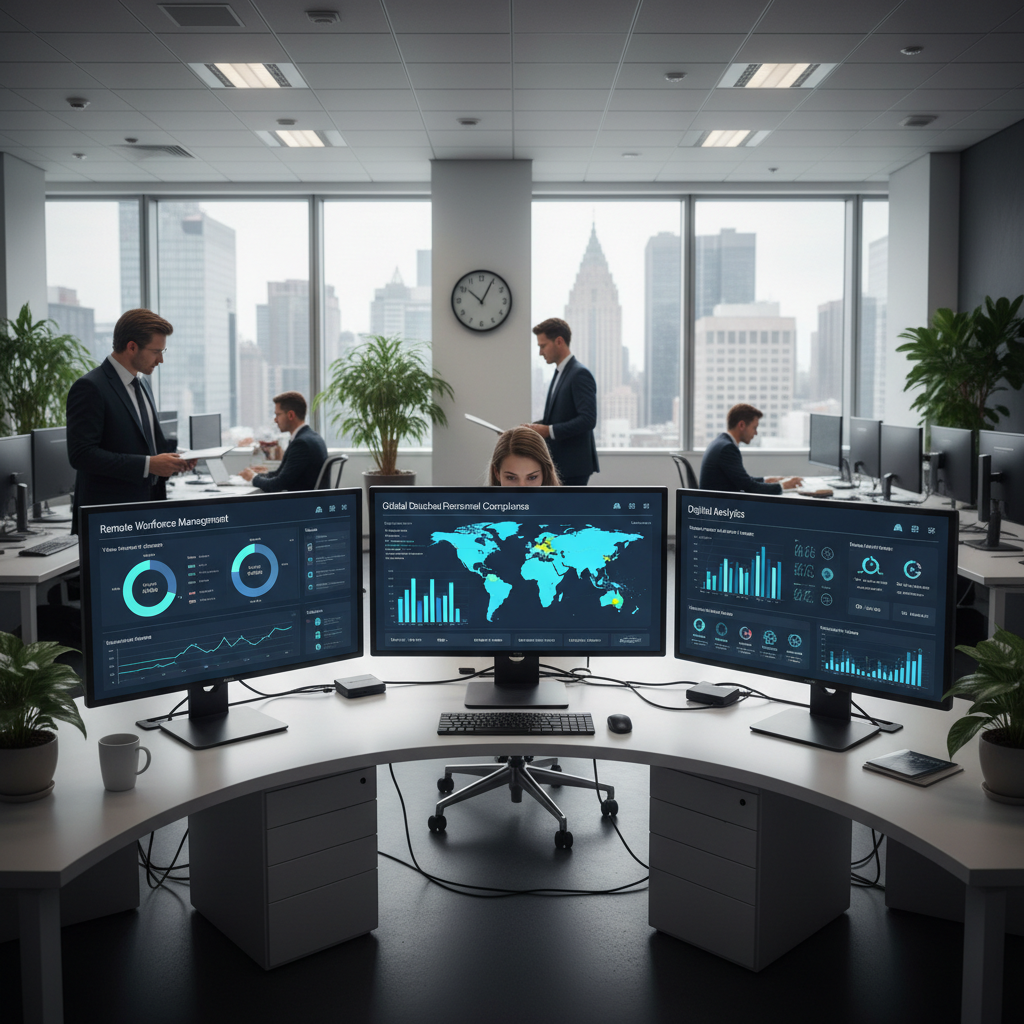 Bureau moderne gérant la conformité du personnel détaché via des tableaux de bord.