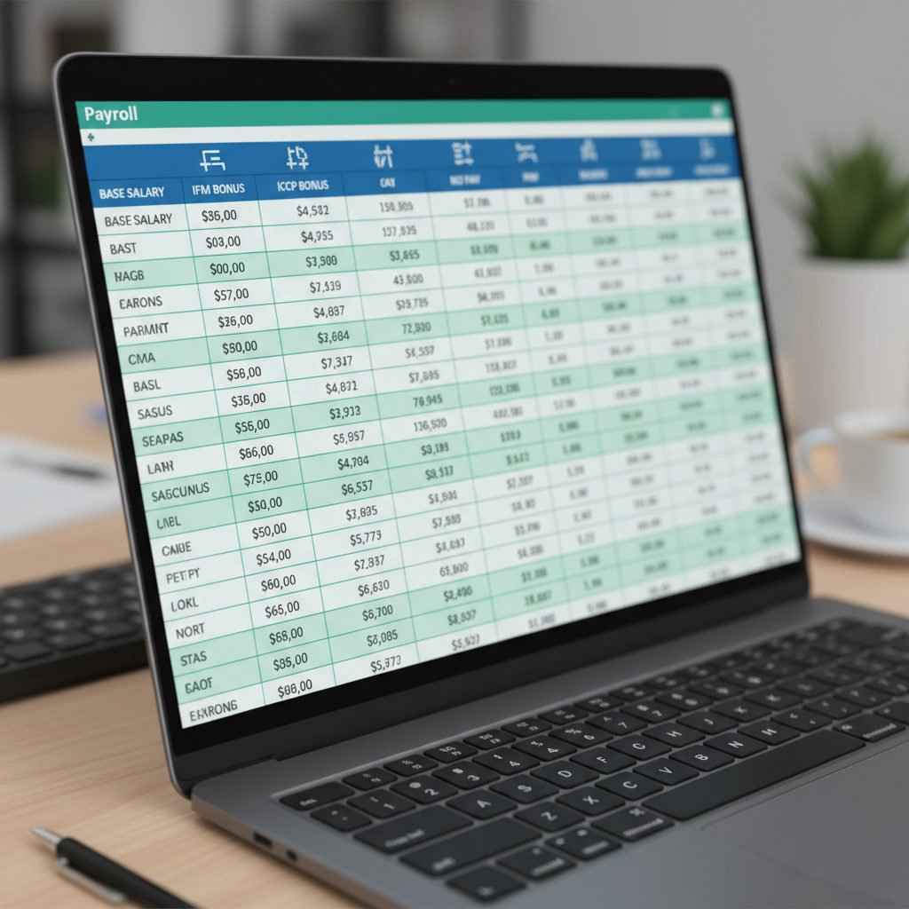 Gros plan d'une feuille de calcul de paie avec différents postes.