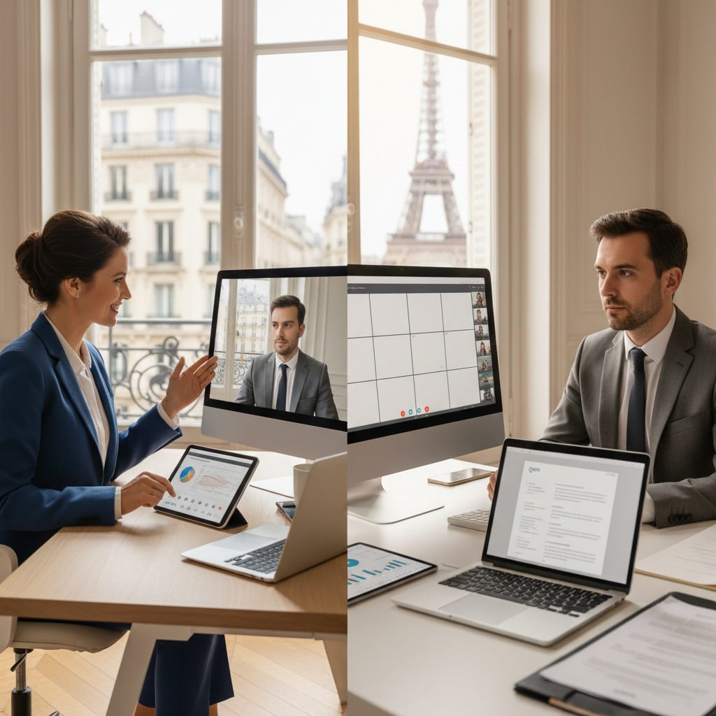 Un entretien d'embauche virtuel dans un bureau moderne en France.