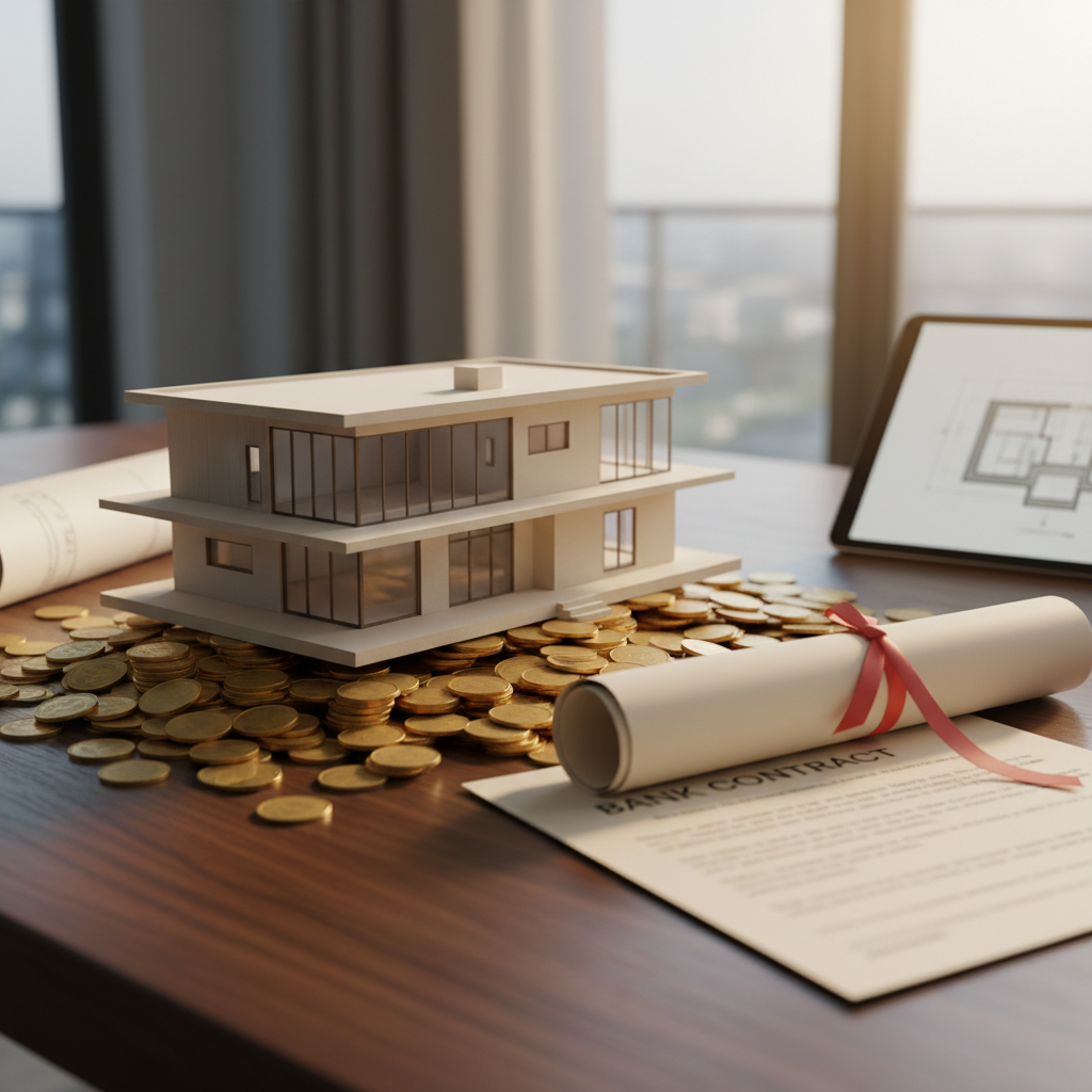 Maquette de maison sur des pièces d'or et un contrat bancaire.