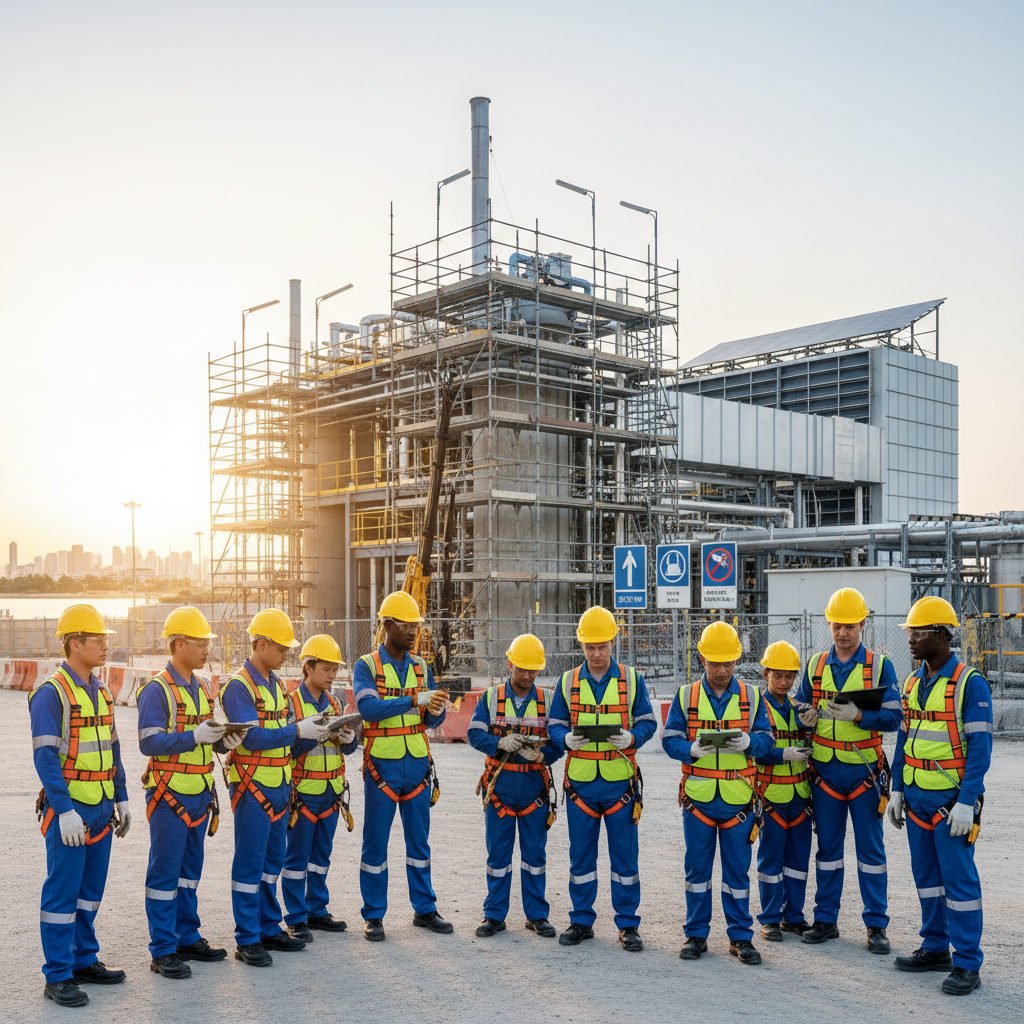 Équipe internationale qualifiée travaillant en sécurité sur un chantier.