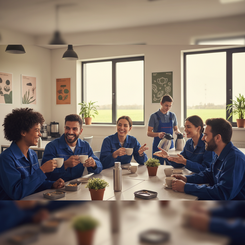 Travailleurs souriants dans une salle de pause d'usine