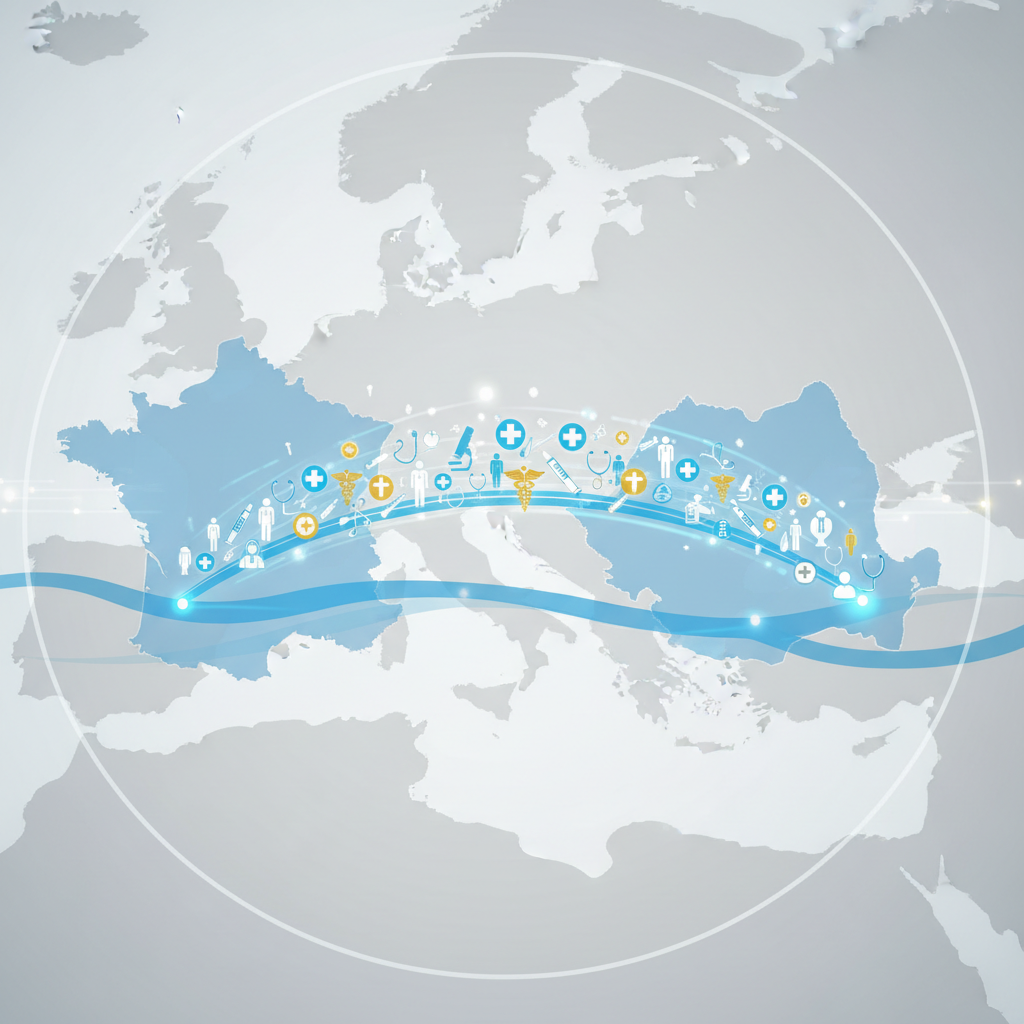 Carte illustrant le pont de professionnels de santé France-Roumanie.